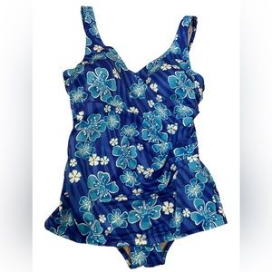 Le Cove Vintage Blue Tropical Hawaiian Floral Striped One Piece Swimsuit Dress